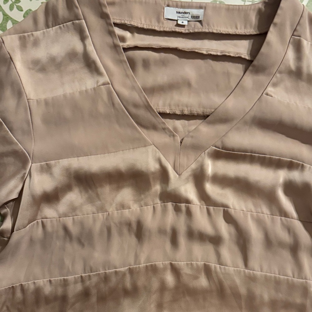 Saunders V-Neck Satin-Panel Blouse in Light Beige